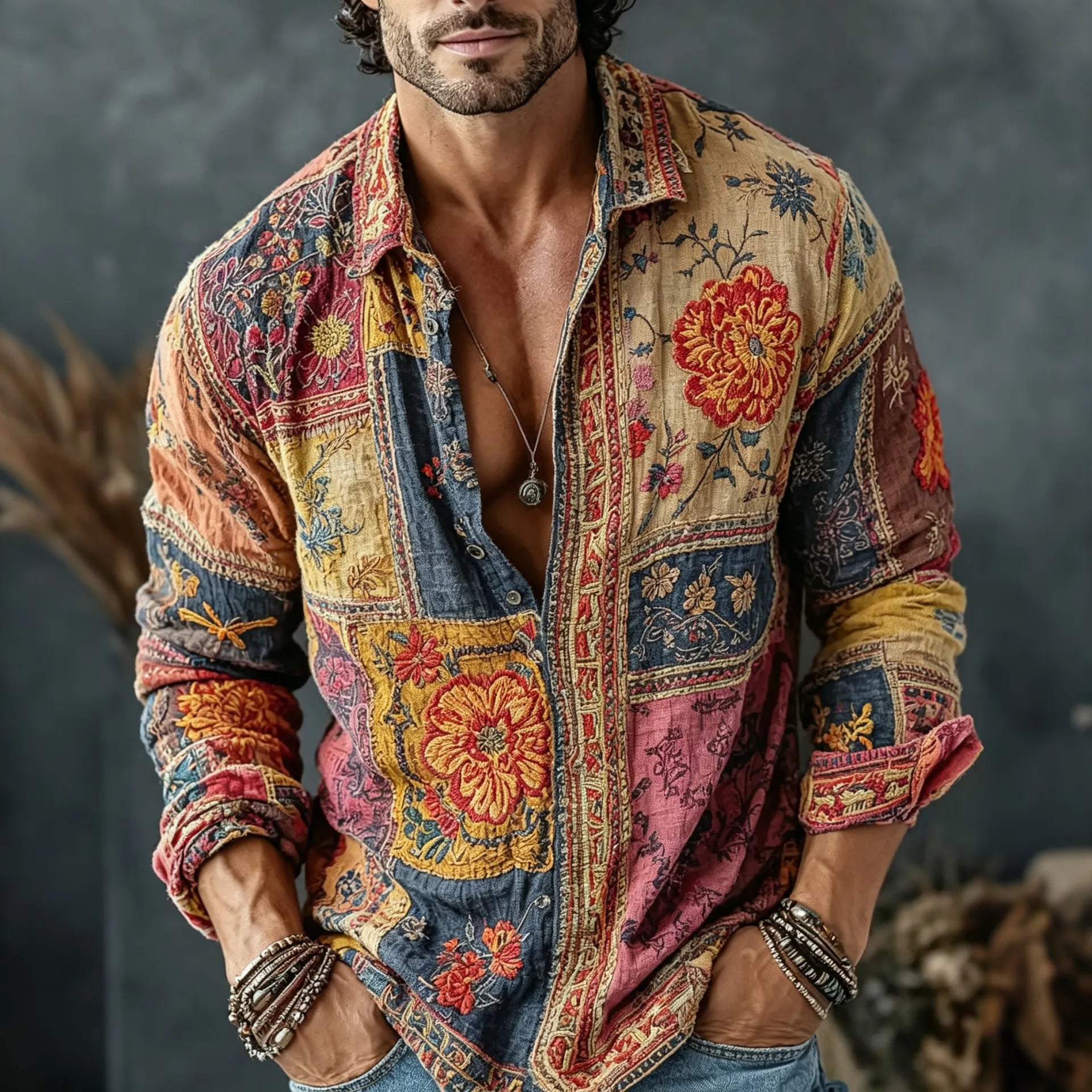 Men's Retro Floral Patchwork Embroidered Art Print Flowy Linen Blend Casual Shirt