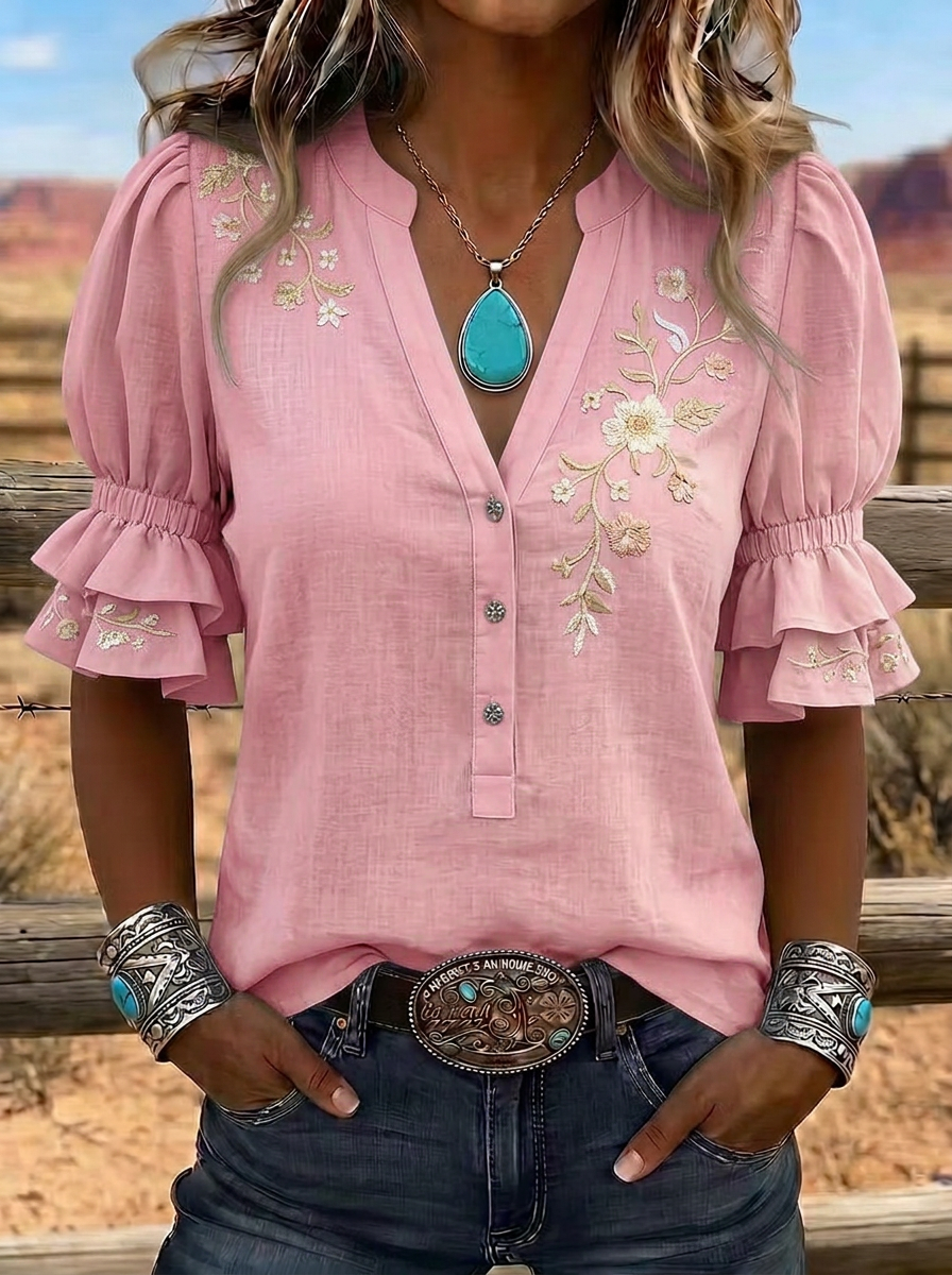 Women's Western Vintage Floral Embroidered Ruffle Sleeve Top