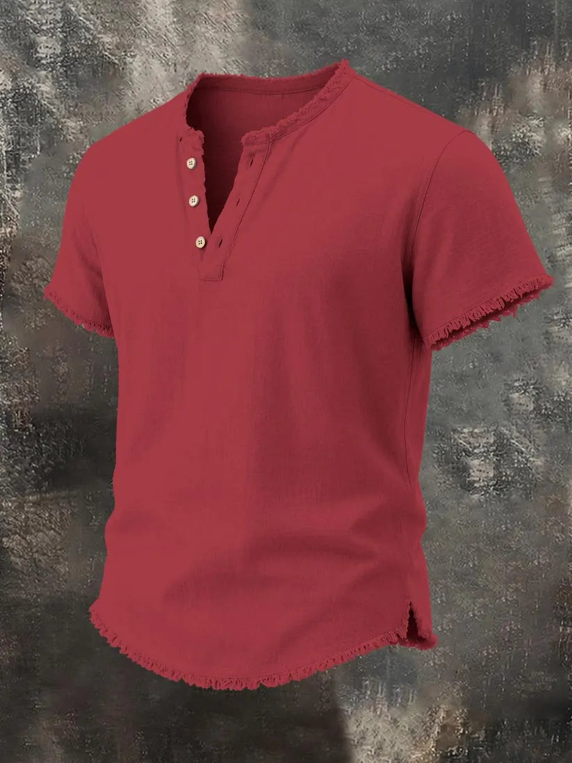 Men's Raw-Edge Cotton-Linen Henley Top