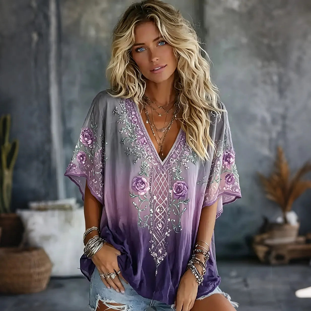 Women's Vintage Celtic Knot Floral Art Flowy Linen Blend Casual Tops