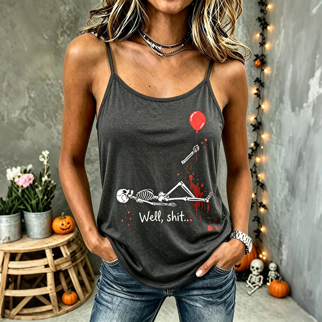 Women's Vintage Halloween Funny Skeleton Red Balloon Print Comfy Print Sleeveless Camisole Top