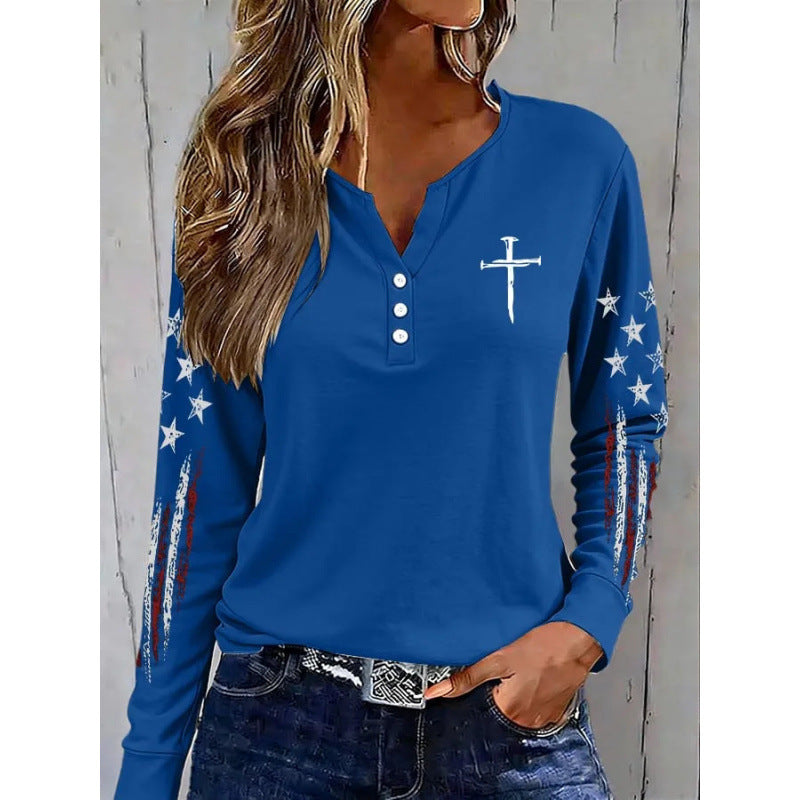 Women's America Falg Cross Pattern Long-Sleeve Henley Top