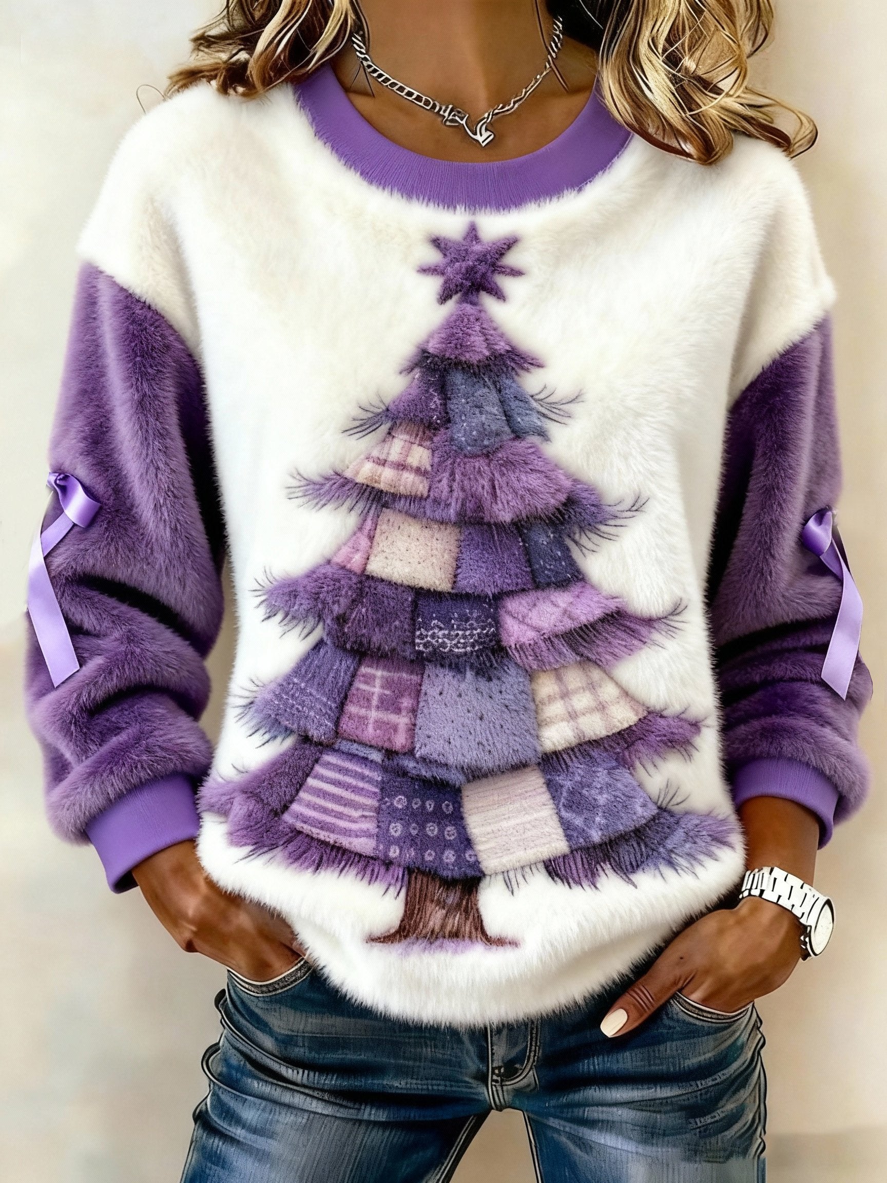 Women's Purple Art Christmas Alzheimer's Awareness Print Flannel Sweatshirt