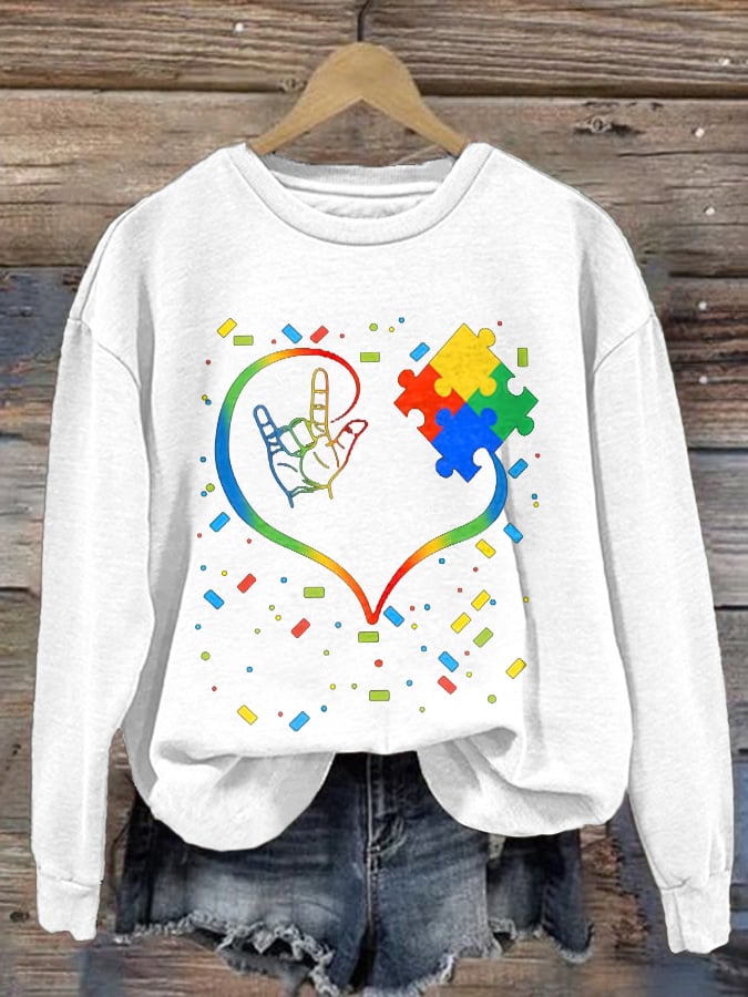 Retro Autism Awarenes I Love You Hand Sign Language Love Heart Puzzle Print Sweatshirt