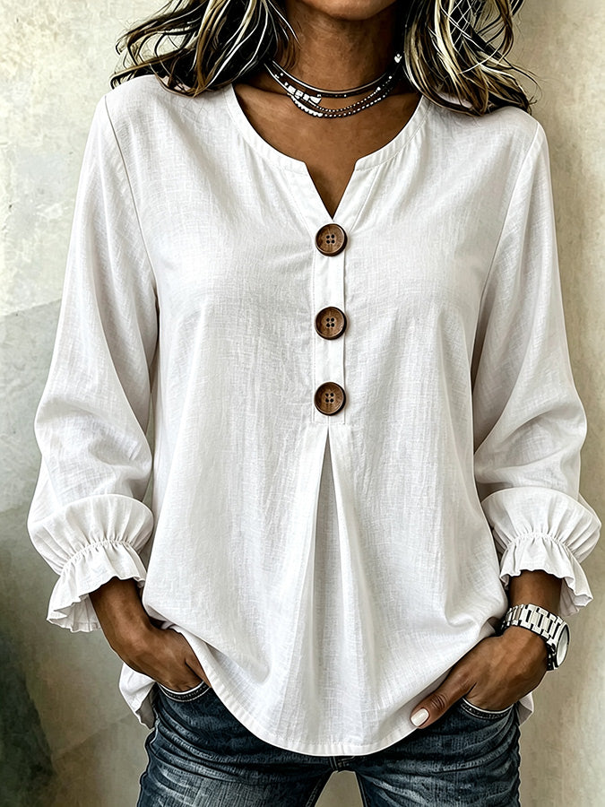 Women'S Casual Solid Color Cotton And Linen Shirt