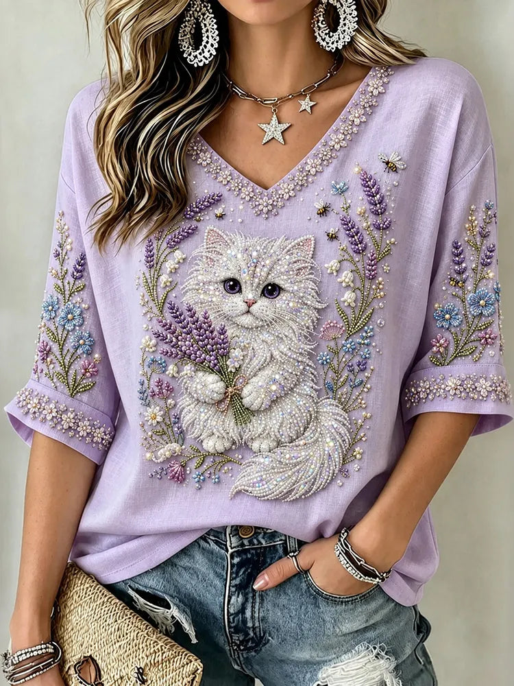 Women's Classy Purple Floral Cat Art Flowy Linen Blend Three Quarter Sleeves T-shirt
