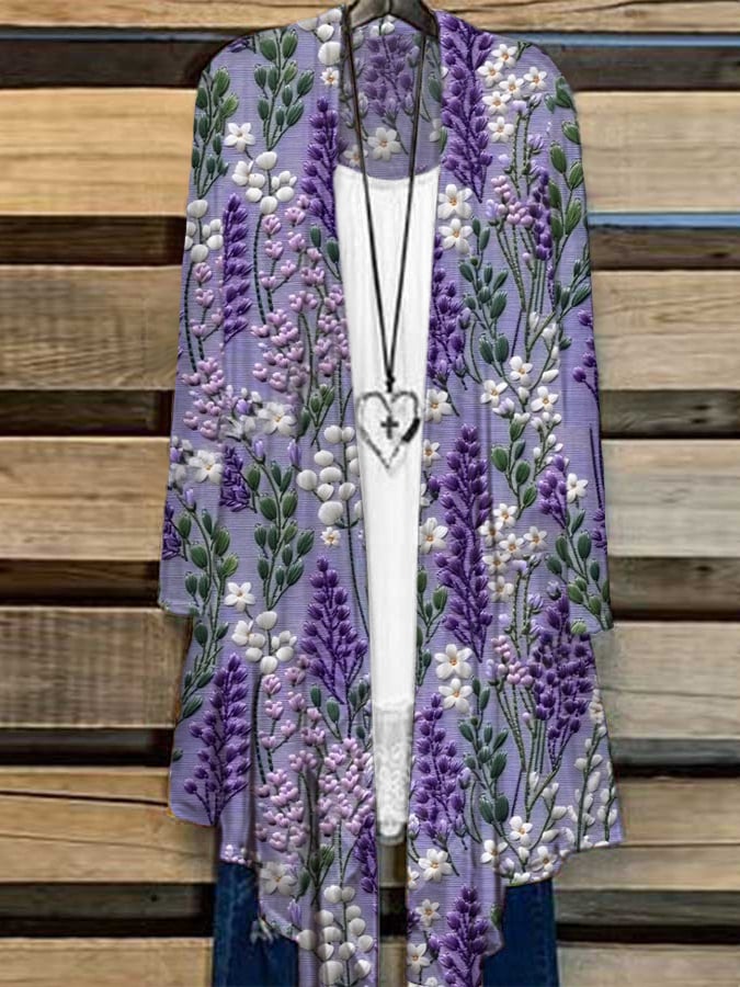 Women'S Purple Lavender Embroidery Print Cardigan