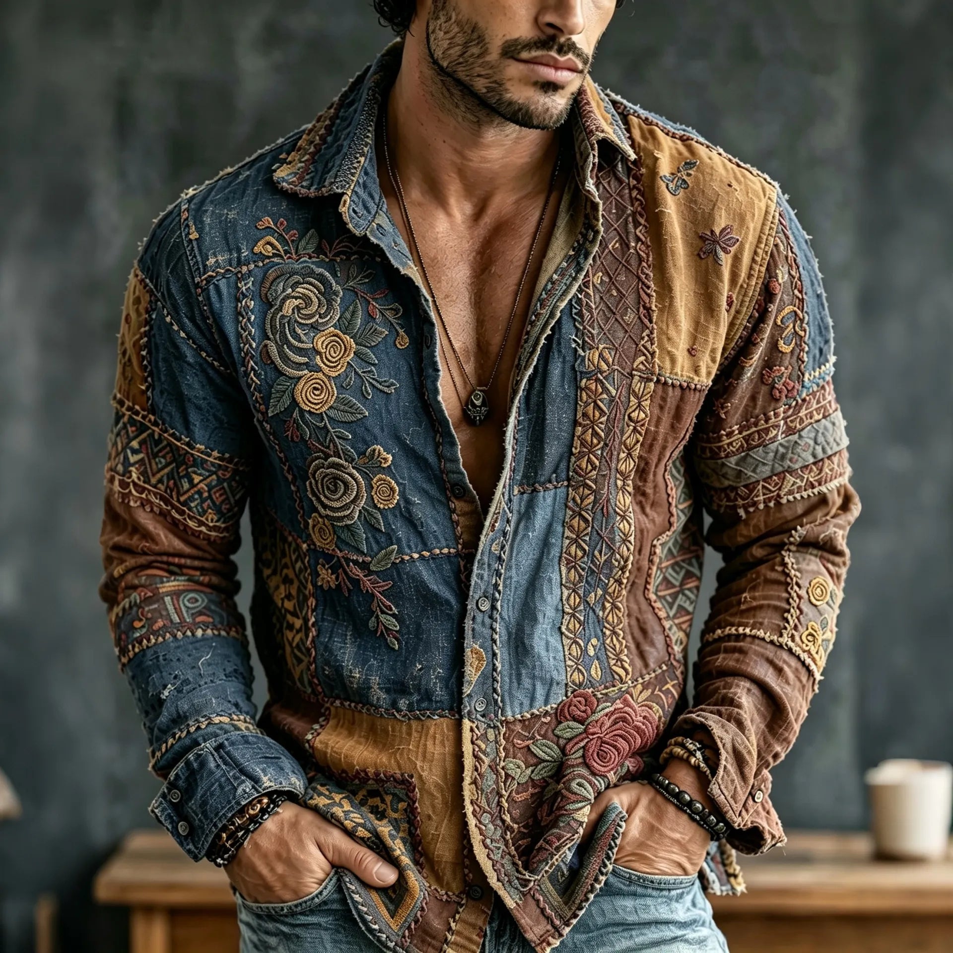 Men's Vintage Floral Patchwork Embroidered Art Print Flowy Linen Blend Casual Shirt