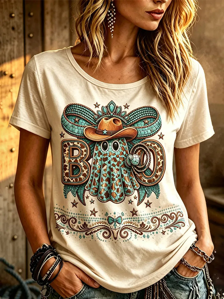 Women's Halloween Bohemian Western Style Cowboy Hat Ghost Short Sleeve Top