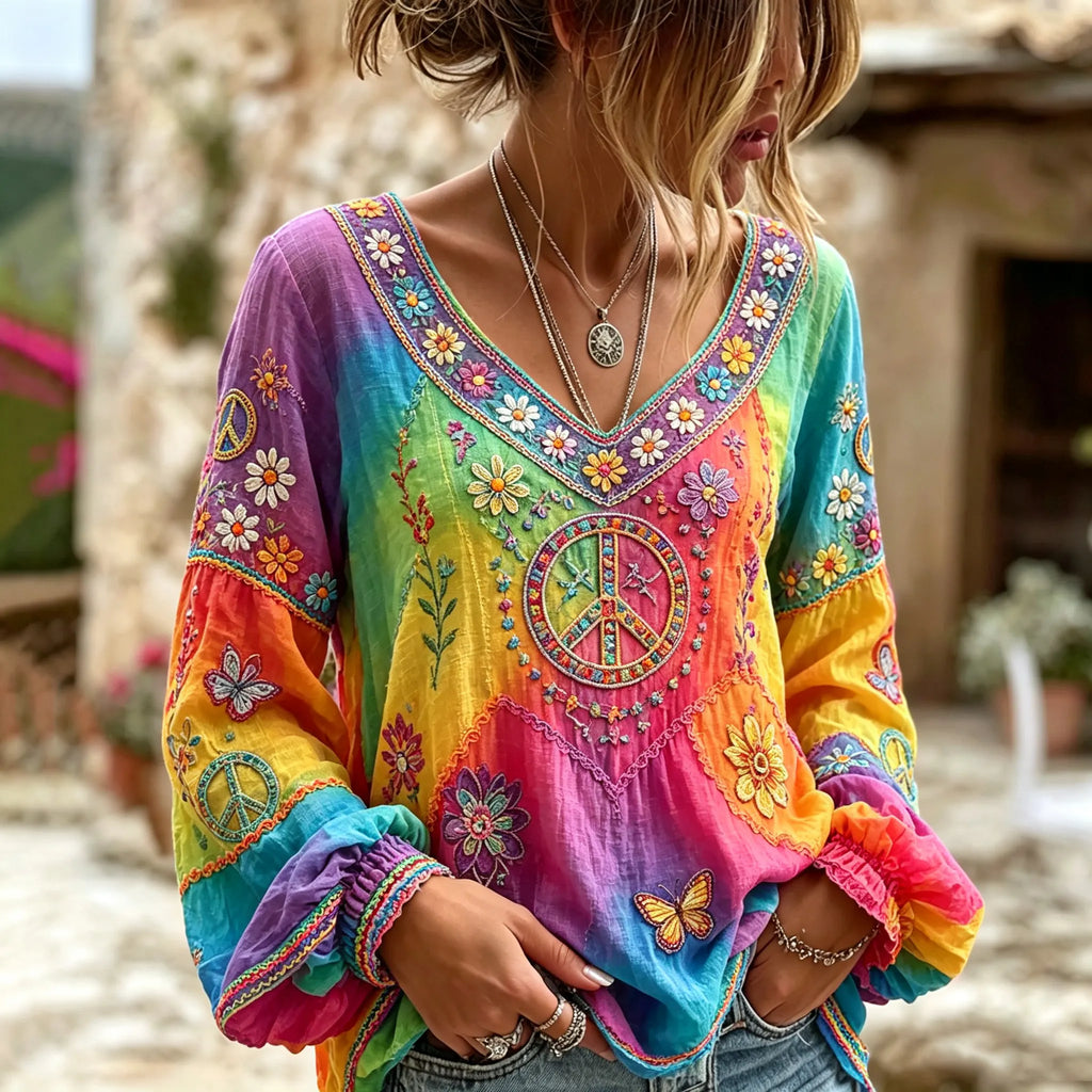 Women's Hippie Floral Peace Sign Contrast Patchwork Print Linen T-shirt