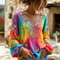 Women's Hippie Floral Peace Sign Contrast Patchwork Print Linen T-shirt