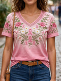 Women's Breast Cancer Awareness Floral Art V-Neck Short-Sleeve T-Shirt