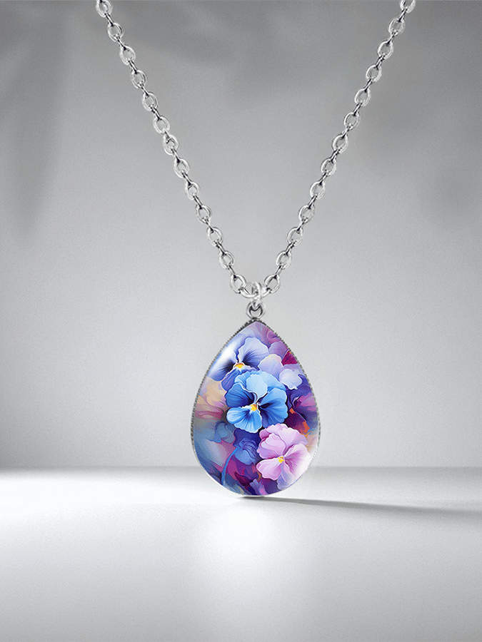 Purple Drop-Shaped Pansy Flower Design Necklace