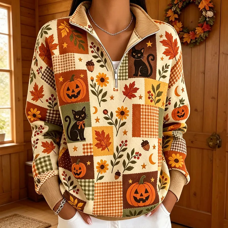 Women's Halloween Pumpkin Cat Color Block Plant Print Half-zip Hoodie