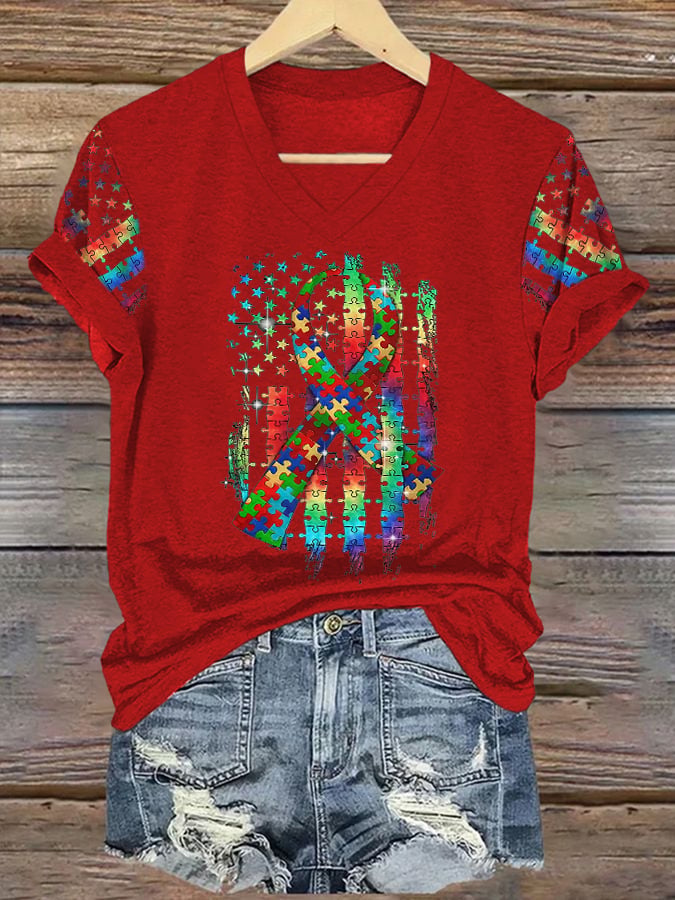 Women’s Retro Autism Awareness Colorful Puzzle Pieces Ribbon American Flag Print V-Neck T-Shirt