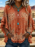 Women's Western Vintage Paisley Cactus Printed Ruffle Top