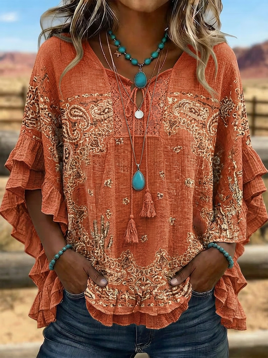 Women's Western Vintage Paisley Cactus Printed Ruffle Top