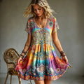 Women's Retro Hippie Tree Of Life Flower Art Pattern Crew Neck Short Sleeve Midi Dress