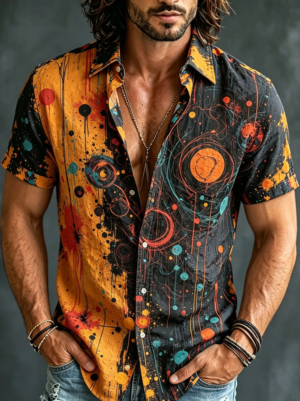 Men's Retro Hippie Style Printed Cotton Linen Short-sleeve Shirt 1