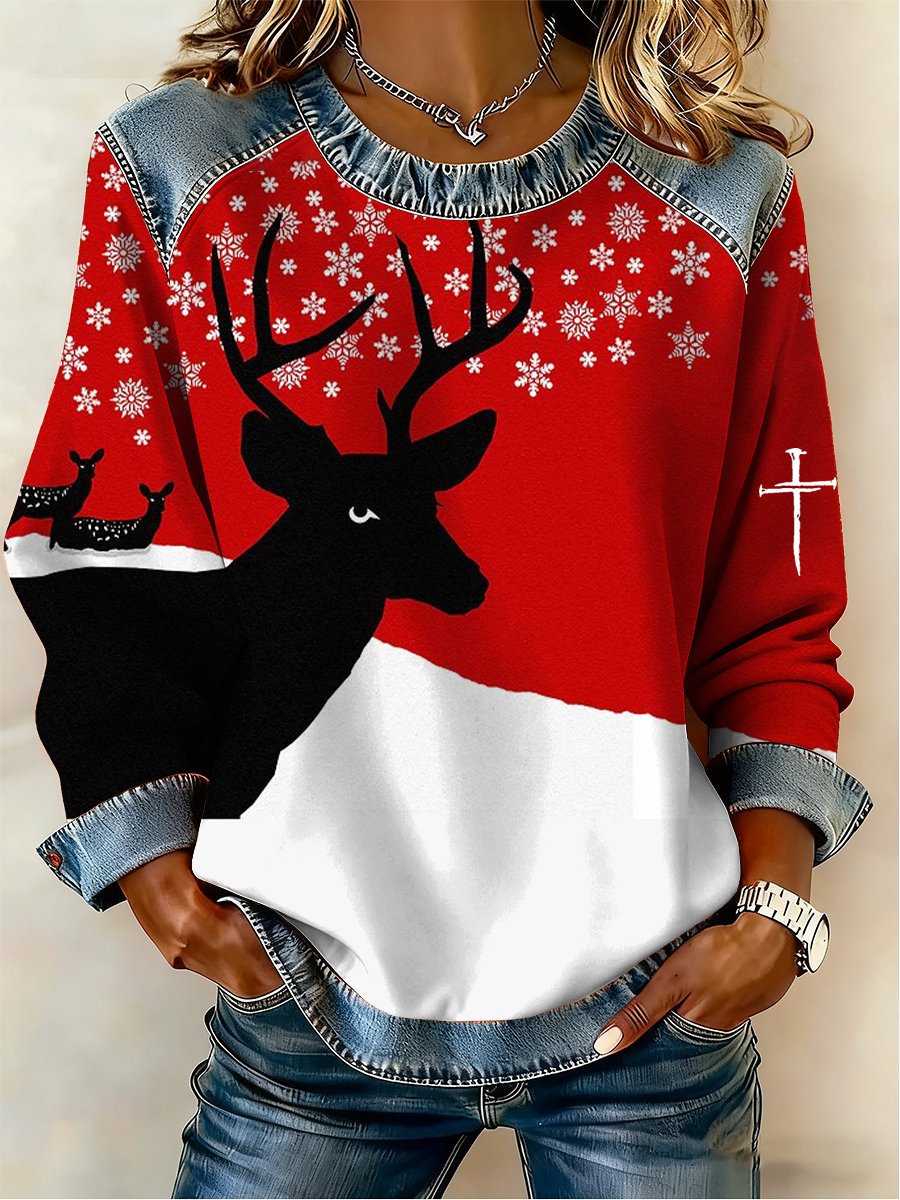 Women's Casual Retro Christmas Fleece-Lined Color-Blocked Sweatshirt