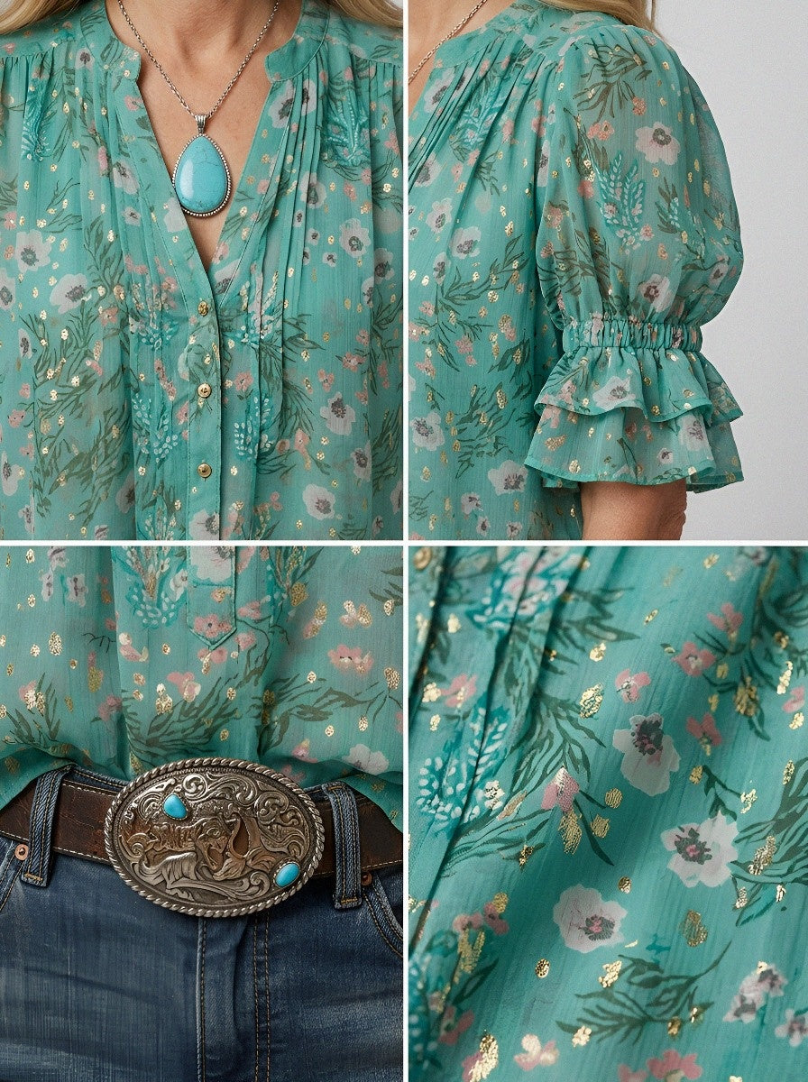 Women's Western Vintage Cactus Floral Printed Blouse