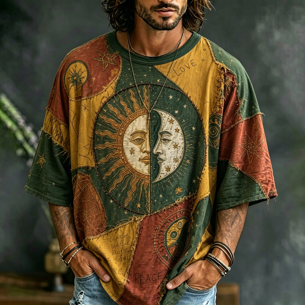 Men's Retro Sun And Moon Color Block T-shirt