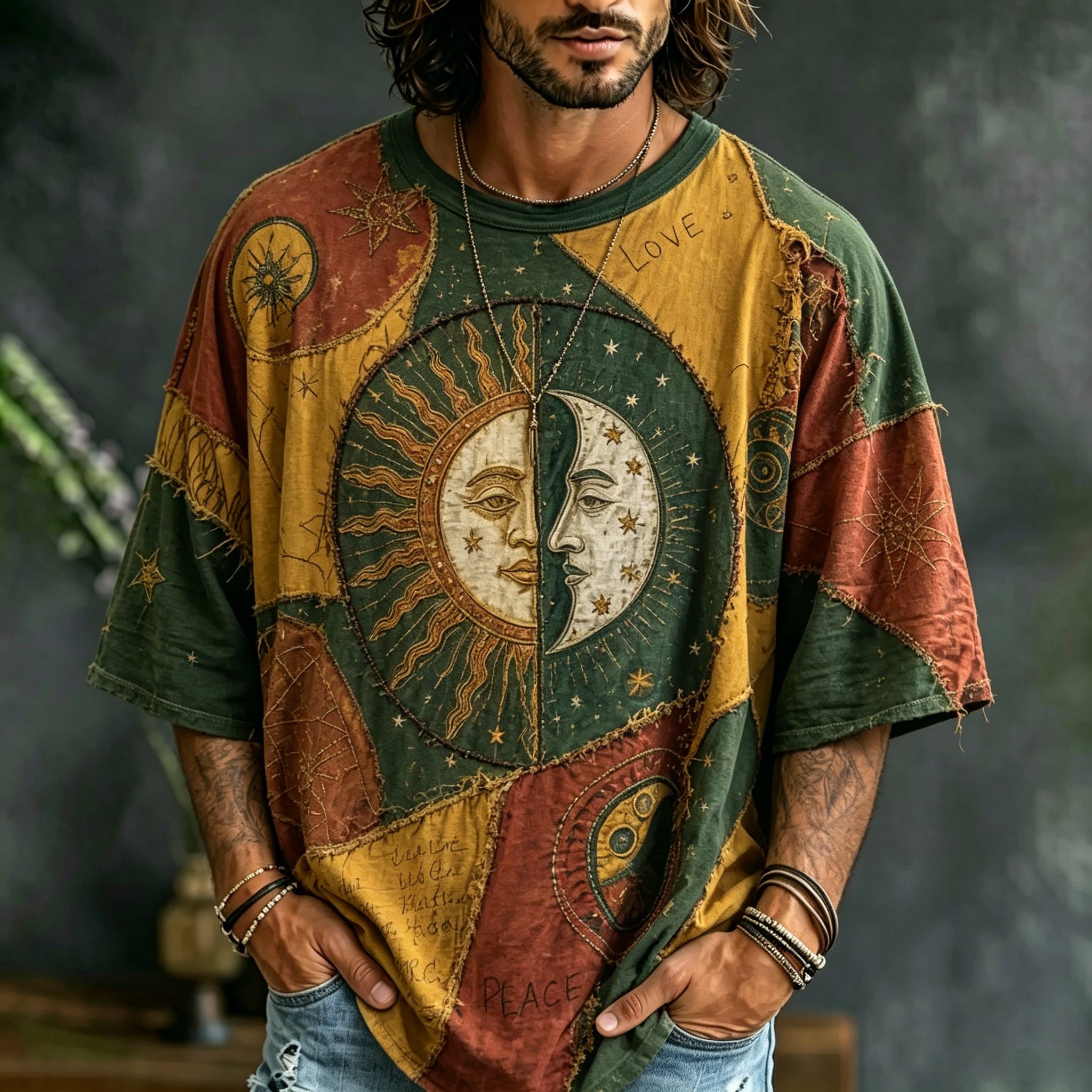 Men's Retro Sun And Moon Color Block T-shirt