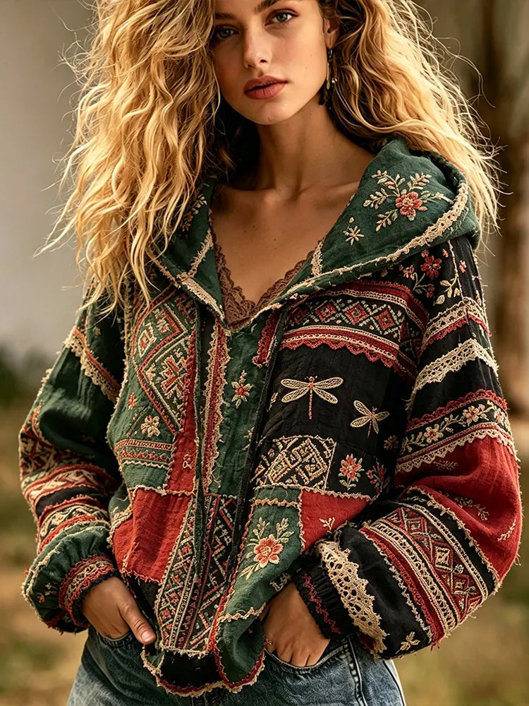 Retro Hippie Geometric Pattern And Dragonfly Art Hoodie