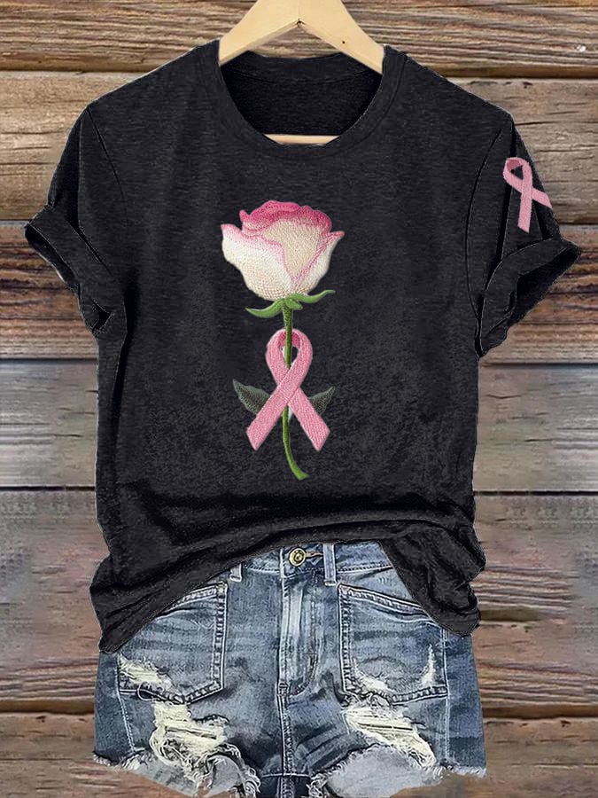 Women's Pink Breast Cancer Floral Print T-Shirt