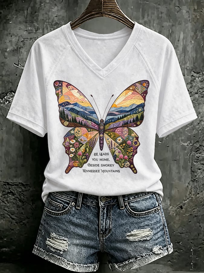 V Neck Retro Butterfly He Leads You Home Beside Smokey Tennessee Mountains Print T-Shirt