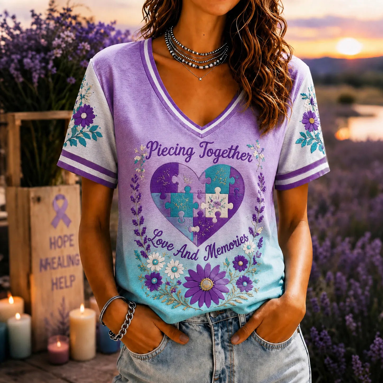 Women's Memory Quilt Art Pattern Alzheimer Awareness T-shirt