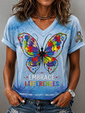 Women'S Casual V-Neck Top With Autism Awareness Print