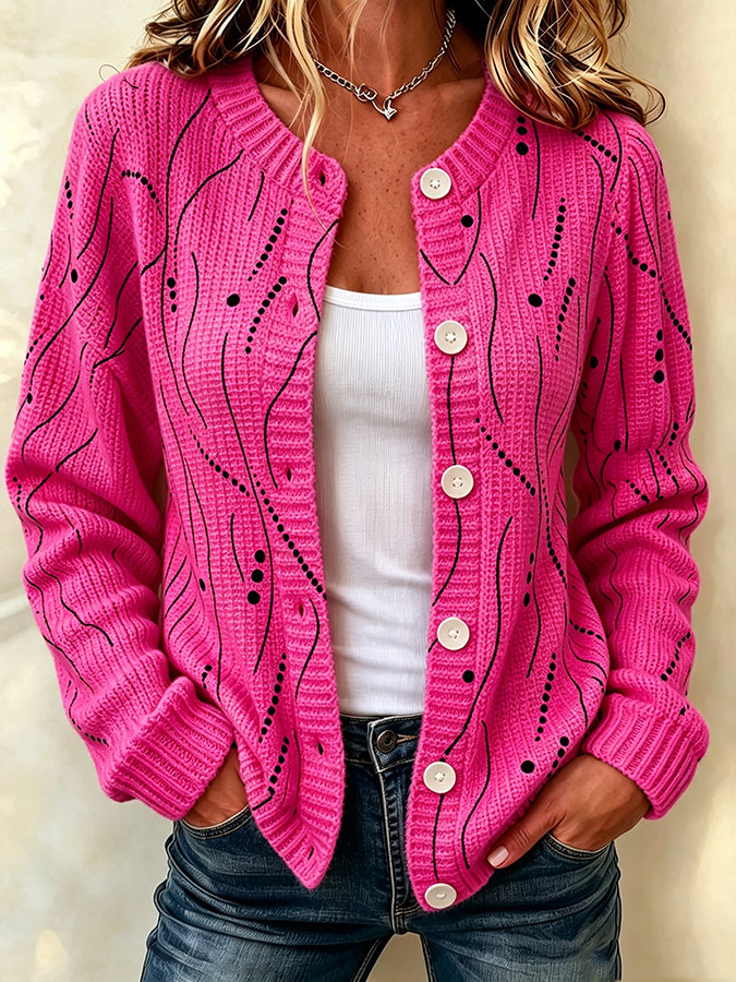 Ladies' Pink Art Printed Knitted Cardigan Top