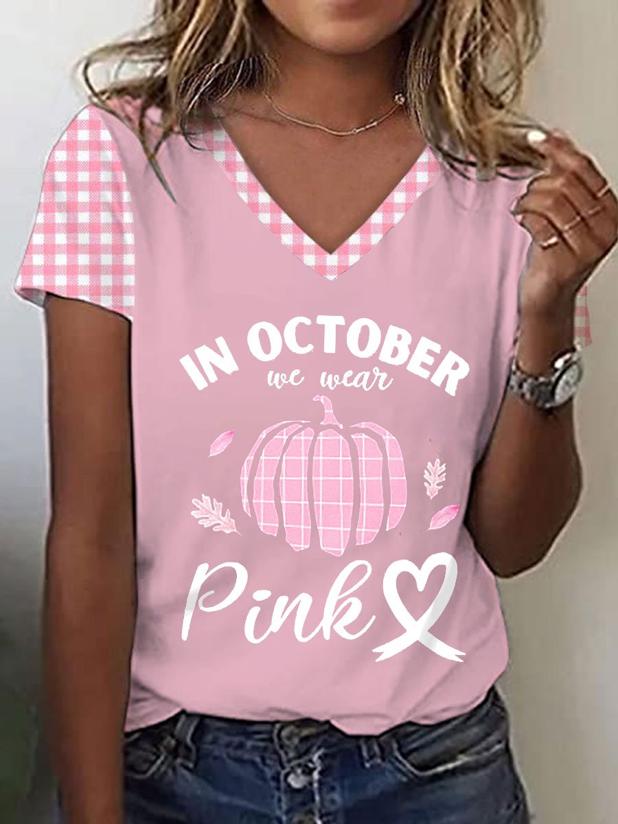 Women's In October We Wear Pink Pumpkin Print V-Neck Tee