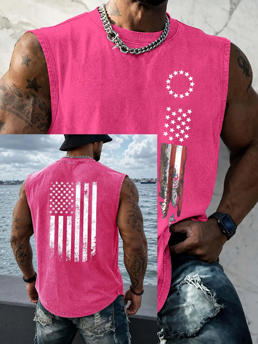 America Flag  Pattern Pattern Sleeveless 100% Cotton Washed Printed Loose Vest