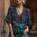 Women's Vintage Dragonfly Floral Art Linen Blend Casual V-neck T-shirt