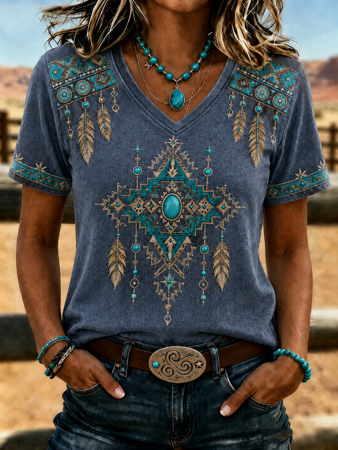 Women'S Retro Ethnic Art Printed Round Neck T-Shirt