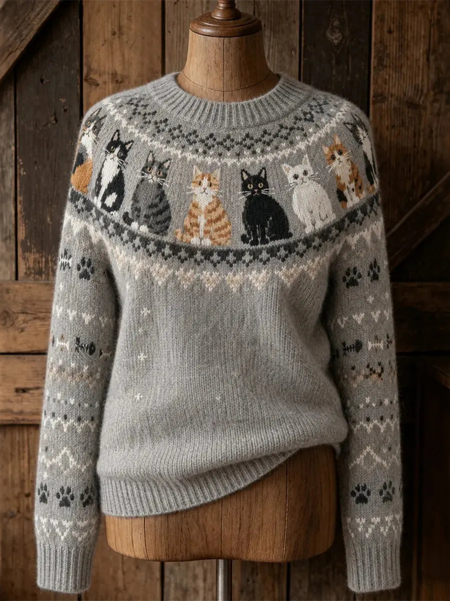 Women's Vintage Cats Art Jacquard Knit Cozy Crew Neck Sweater