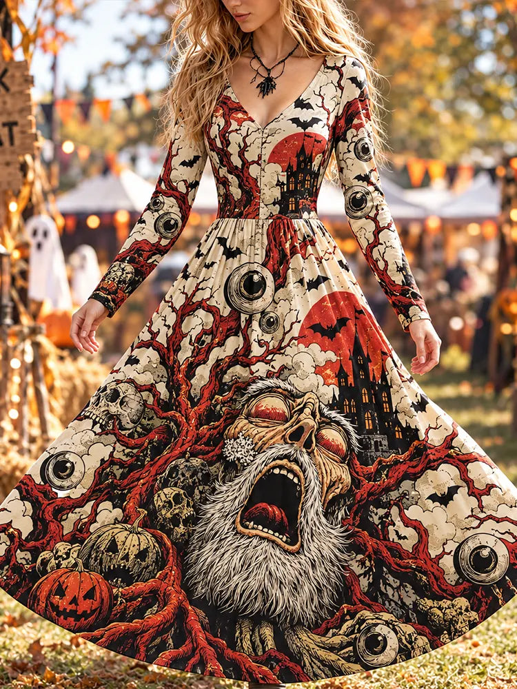 Women's Gothic Halloween Screaming Face, Eyeballs, Castle And Pumpkins Long Sleeve Midi Dress