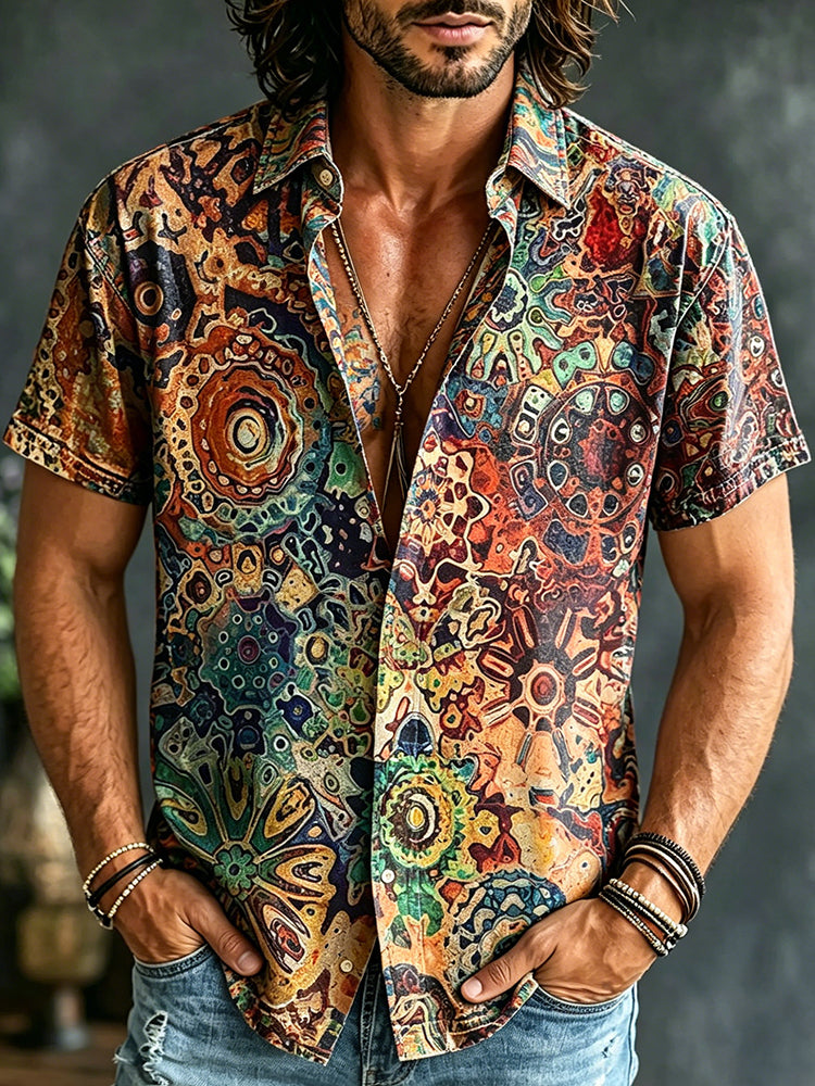 Men's Hippie Retro Mandala Kaleidoscope All Over Printed Pattern Short Sleeve Shirt