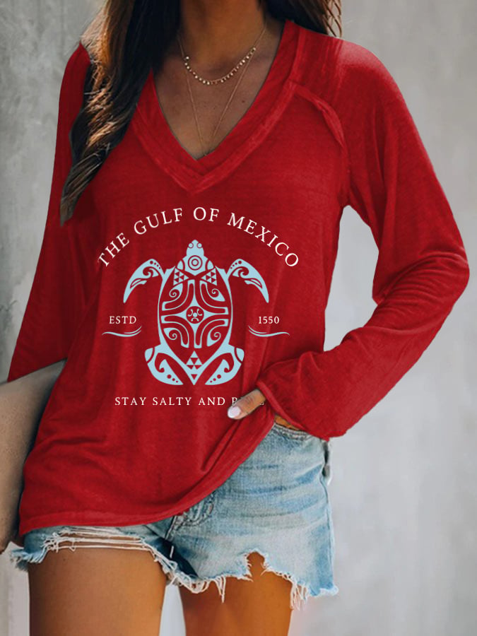 Women's Gulf Of Mexico Print V Neck T-Shirt