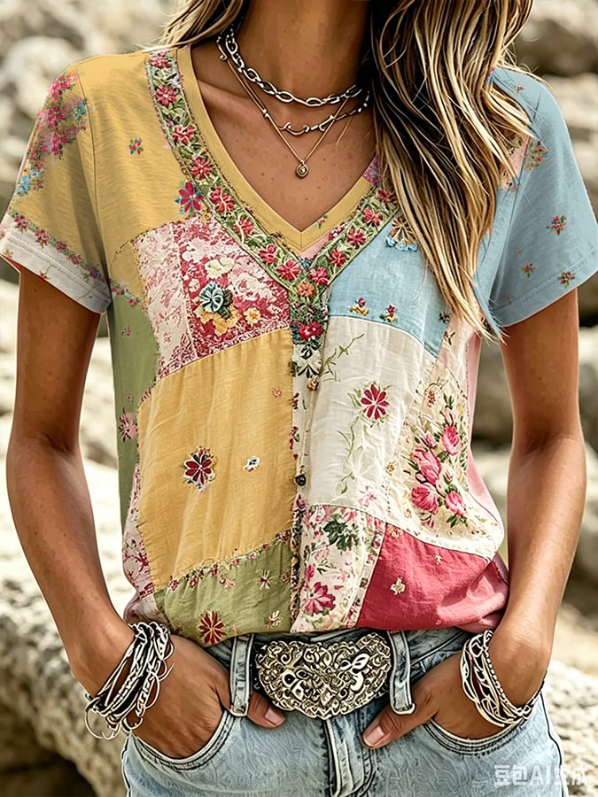 Women's Retro Breast Cancer Floral Print Top
