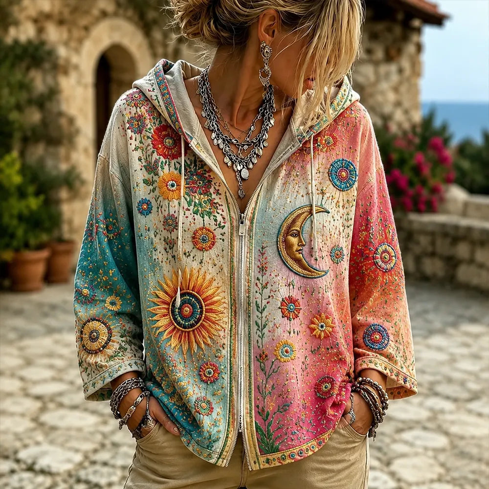 Women's Bohemian Vintage Tie-dye Sun, Moon & Floral Embroidered Zip Hoodie