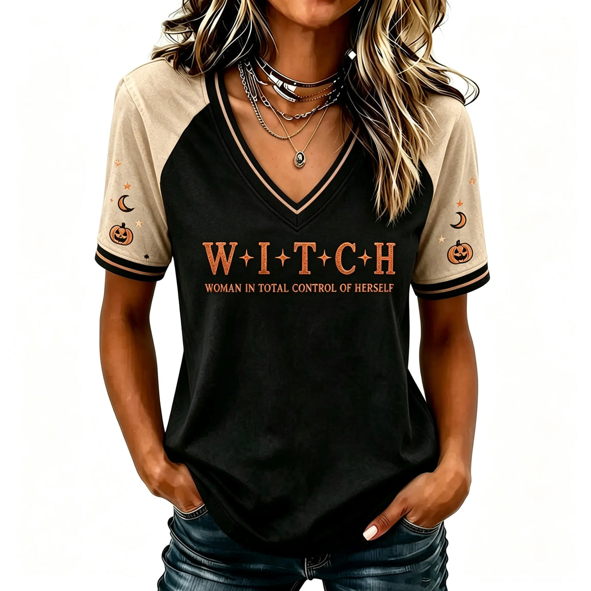 Women's Halloween "woman In Total Control Of Herself" Printed V-neck Short-sleeved T-shirt