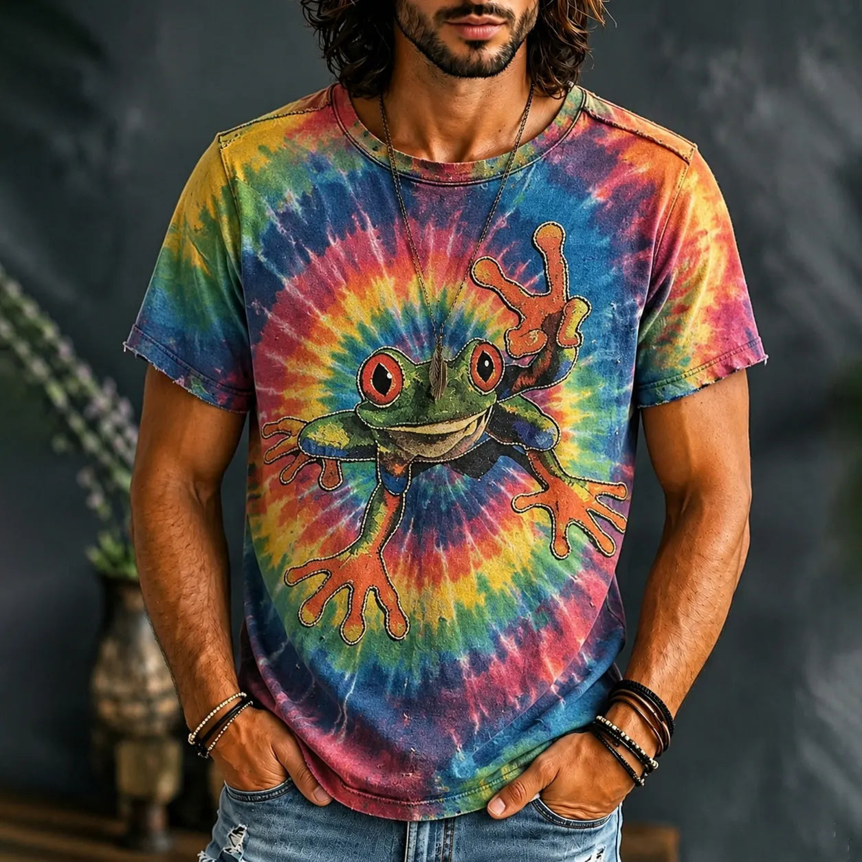 Men's Hippie Tie Dye Psychedelic Frog Print T-shirt