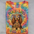 Hippie Colorful Tie-dye Peace Love Dog Women's Short Sleeve Crew Neck T-shirt