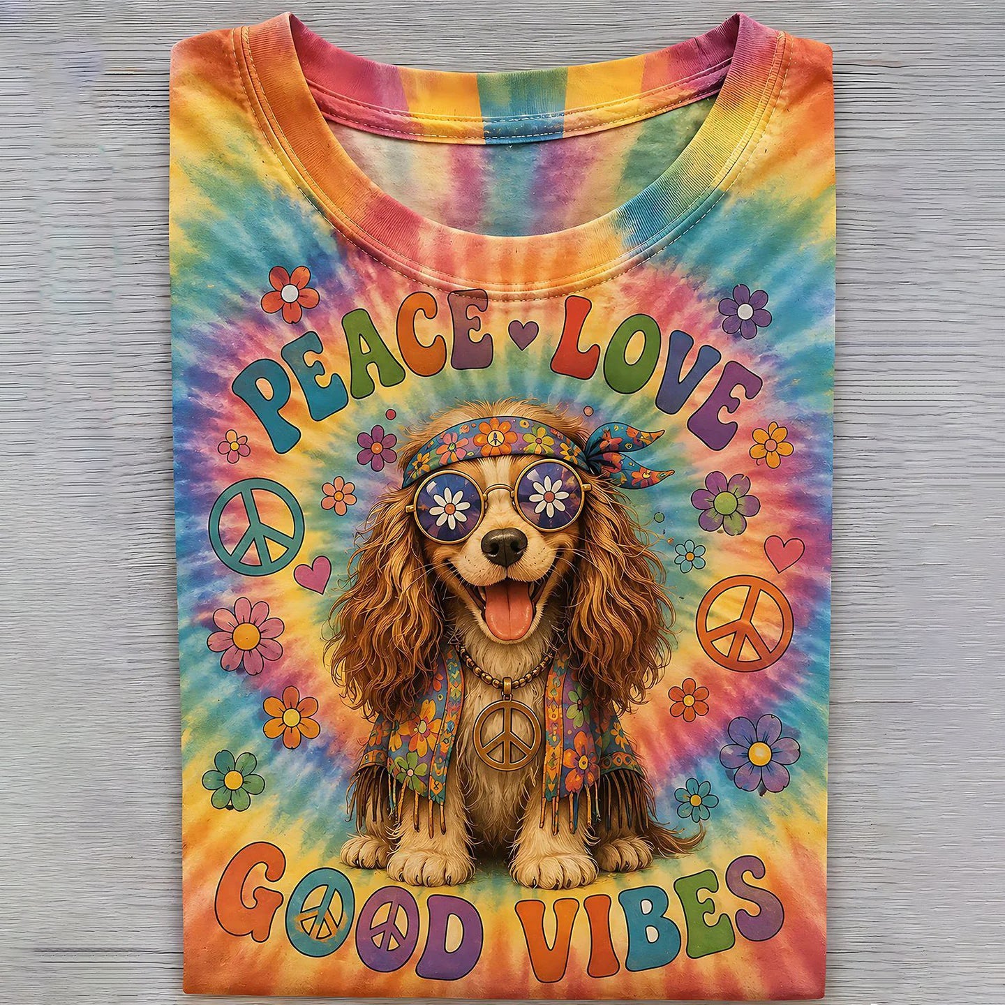Hippie Colorful Tie-dye Peace Love Dog Women's Short Sleeve Crew Neck T-shirt
