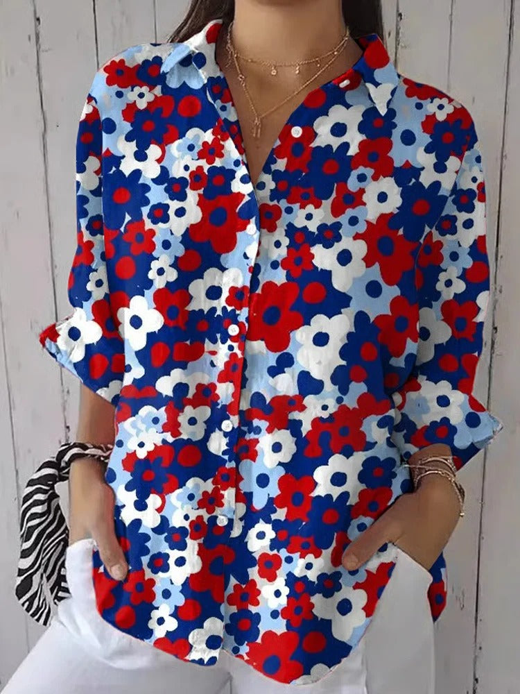 Women's Independence Day Flowers Print Casual Shirt