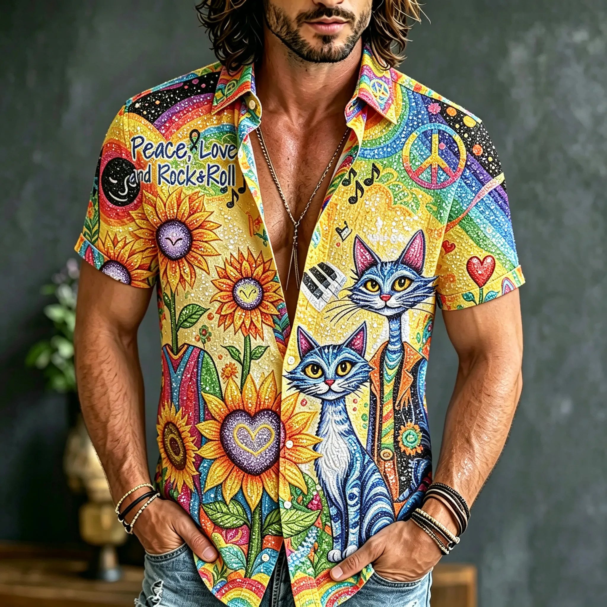 Men's Retro Hippie Cat And Sunflower Print Short-sleeve Shirt