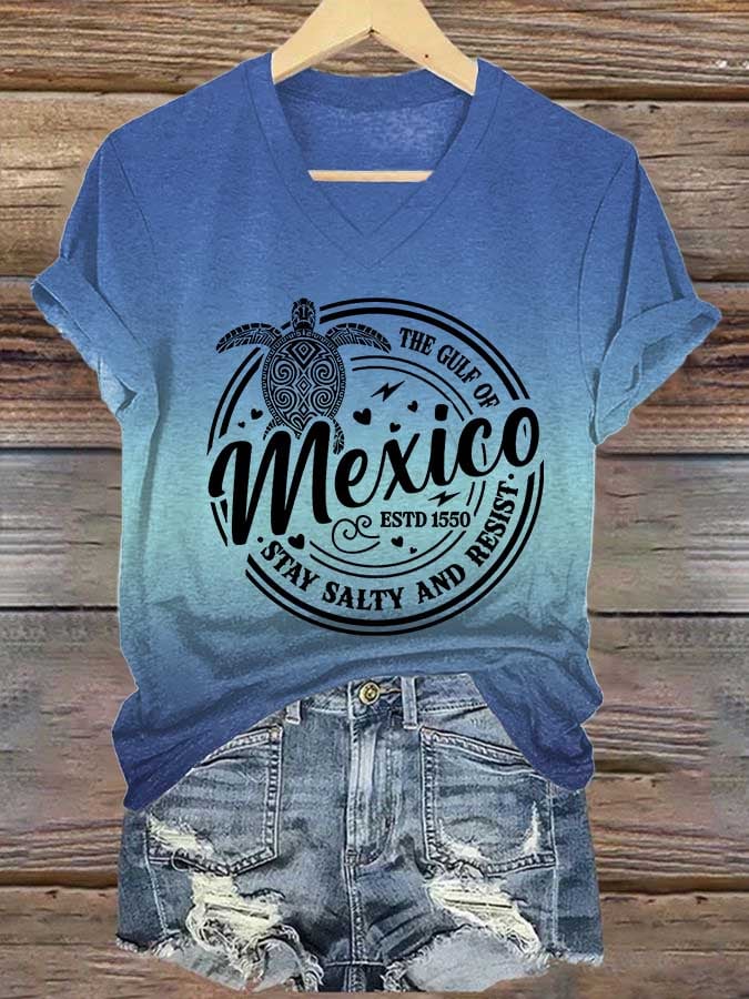 Women's Gulf Of Mexico Print V Neck T-Shirt